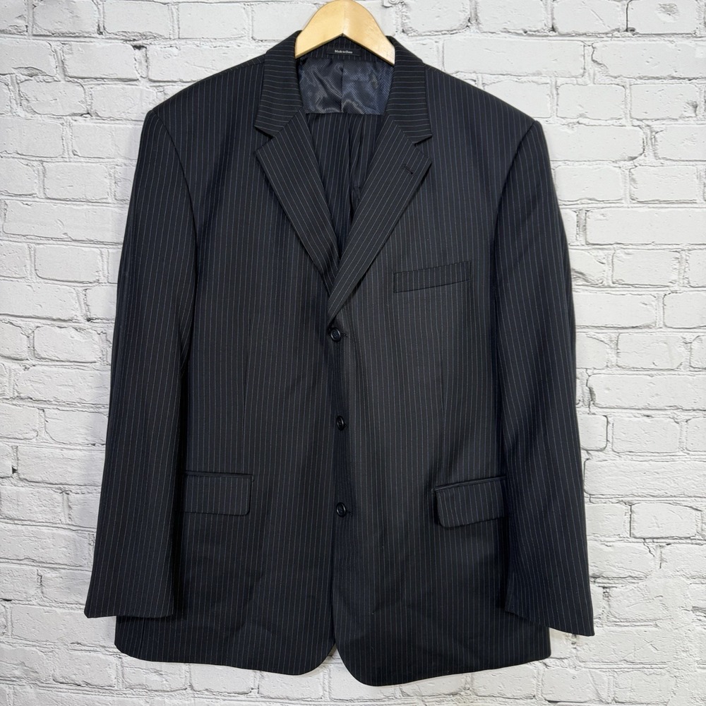 Linea Uomo Men's Black Pinstripe 100% Wool Jacket Pants Suit 46R 40x28 3 Button